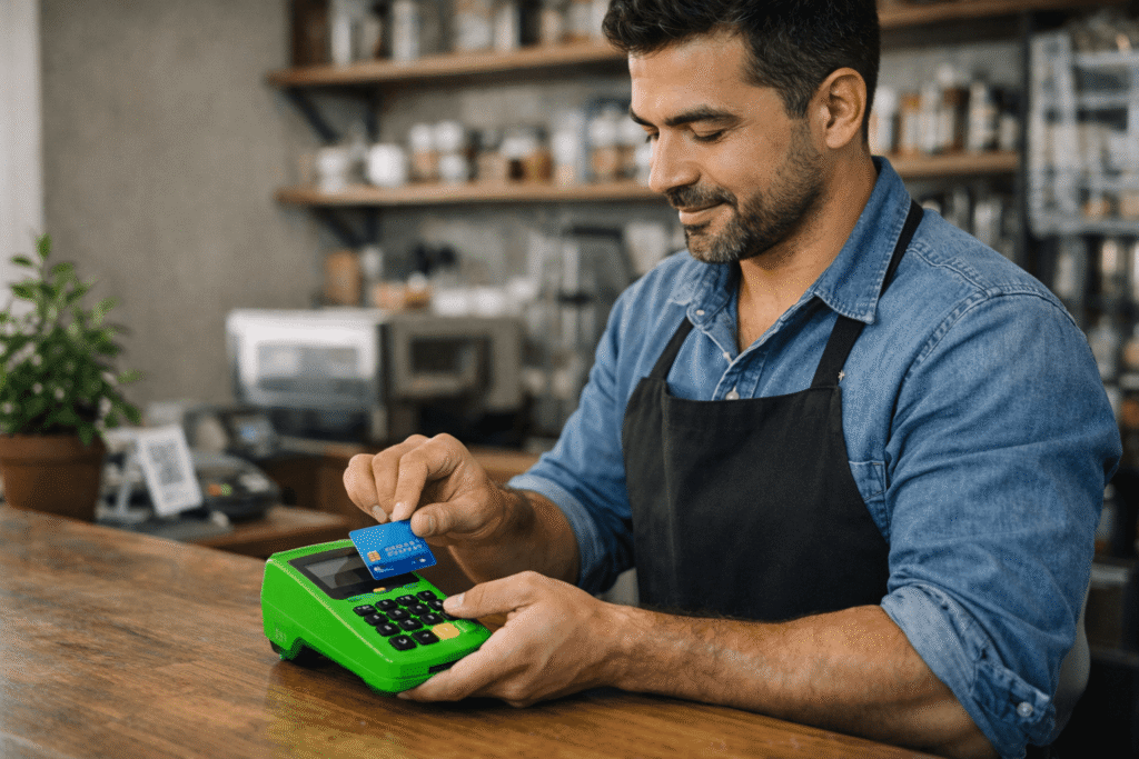 Empreendedor brasileiro realizando venda no balcão com maquininha Ton