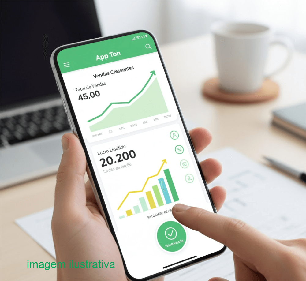 Close-up da interface do App Ton em um smartphone moderno, mostrando um dashboard intuitivo com gráficos de barras em crescimento que indicam aumento nas vendas. O layout é limpo, organizado e fácil de navegar, com o logotipo da Ton em destaque. Ao fundo, um ambiente de trabalho desfocado reforça o uso profissional do aplicativo na gestão e acompanhamento de resultados do negócio.
