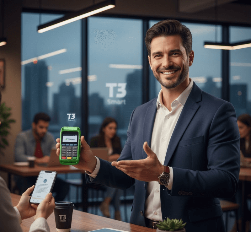 Empreendedor jovem e confiante, usando paletó azul, apresenta uma Maquininha Ton T3 em destaque enquanto realiza uma venda por aproximação com um smartphone em um escritório moderno. A maquininha verde reforça tecnologia, agilidade e profissionalismo, com uma equipe trabalhando ao fundo em um ambiente iluminado e dinâmico.