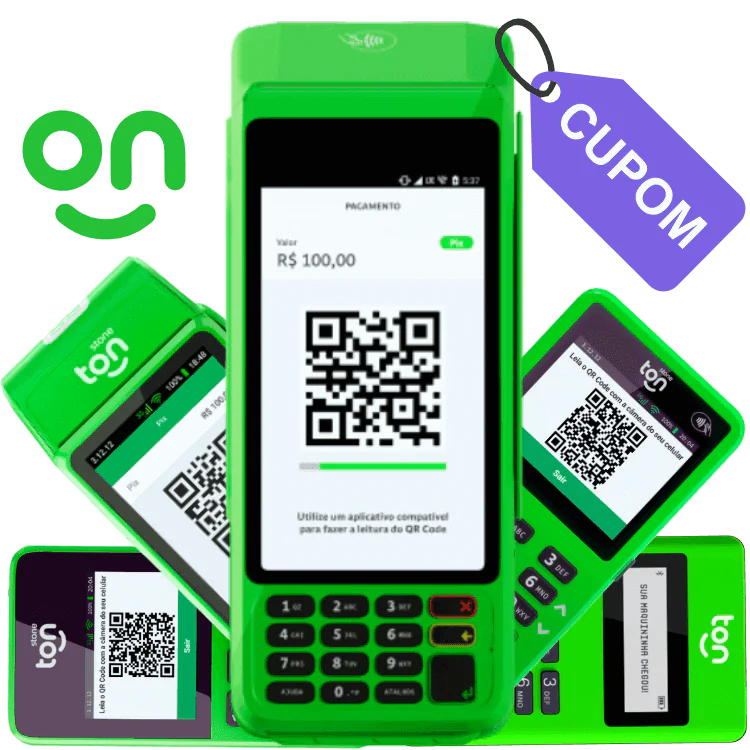 Imagem com todos os modelos de maquininhas de cartão Ton e tag promocional de cupom