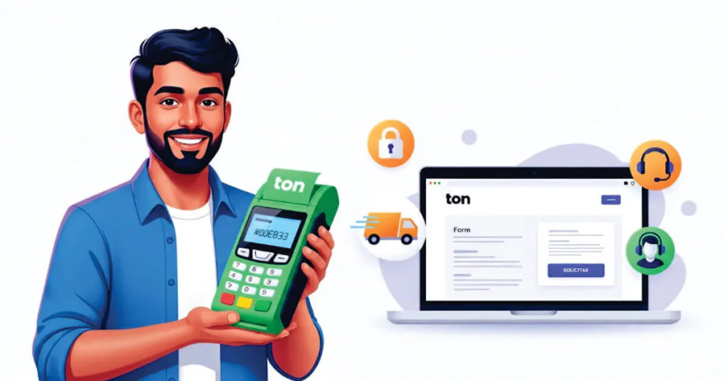Ilustração digital limpa e moderna de um pequeno empresário sorridente segurando uma maquininha de cartão Ton verde. Ao fundo, um laptop aberto exibe o site da Ton com detalhes de formulário e um botão 'Solicitar'. Ícones flutuantes de cadeado, caminhão de entrega e headset de atendimento estão presentes. O estilo é flat design com cores vibrantes, luz suave e aparência profissional