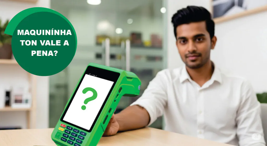 Maquininha Ton em destaque, verde-limão e cinza, sendo segurada por um jovem empreendedor em um ambiente de trabalho moderno.