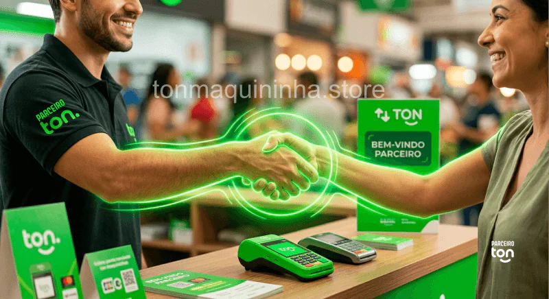 Aperto de mãos brilhante em neon verde representando o fechamento de um negócio com um Parceiro Autorizado Ton, com maquininhas de cartão sobre o balcão.